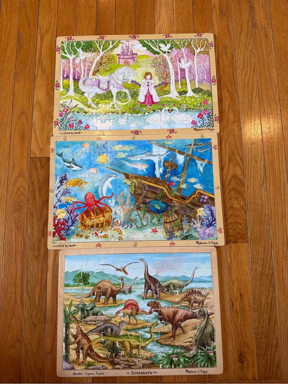 3 Melissa & Doug Wooden Puzzles 96 Pieces Sunken Treasure Princess Dinosaurs
